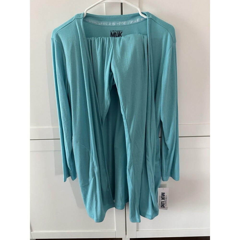 NEW MUK LUKS LOUNGE PAJAMA SET DUSTER CARDIGAN & PANTS Ribbed Teal Small
